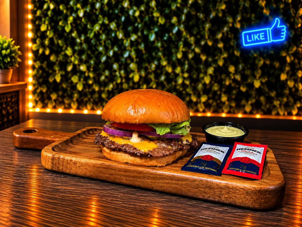 Burger da Like com queijo derretido, salada e molho da casa